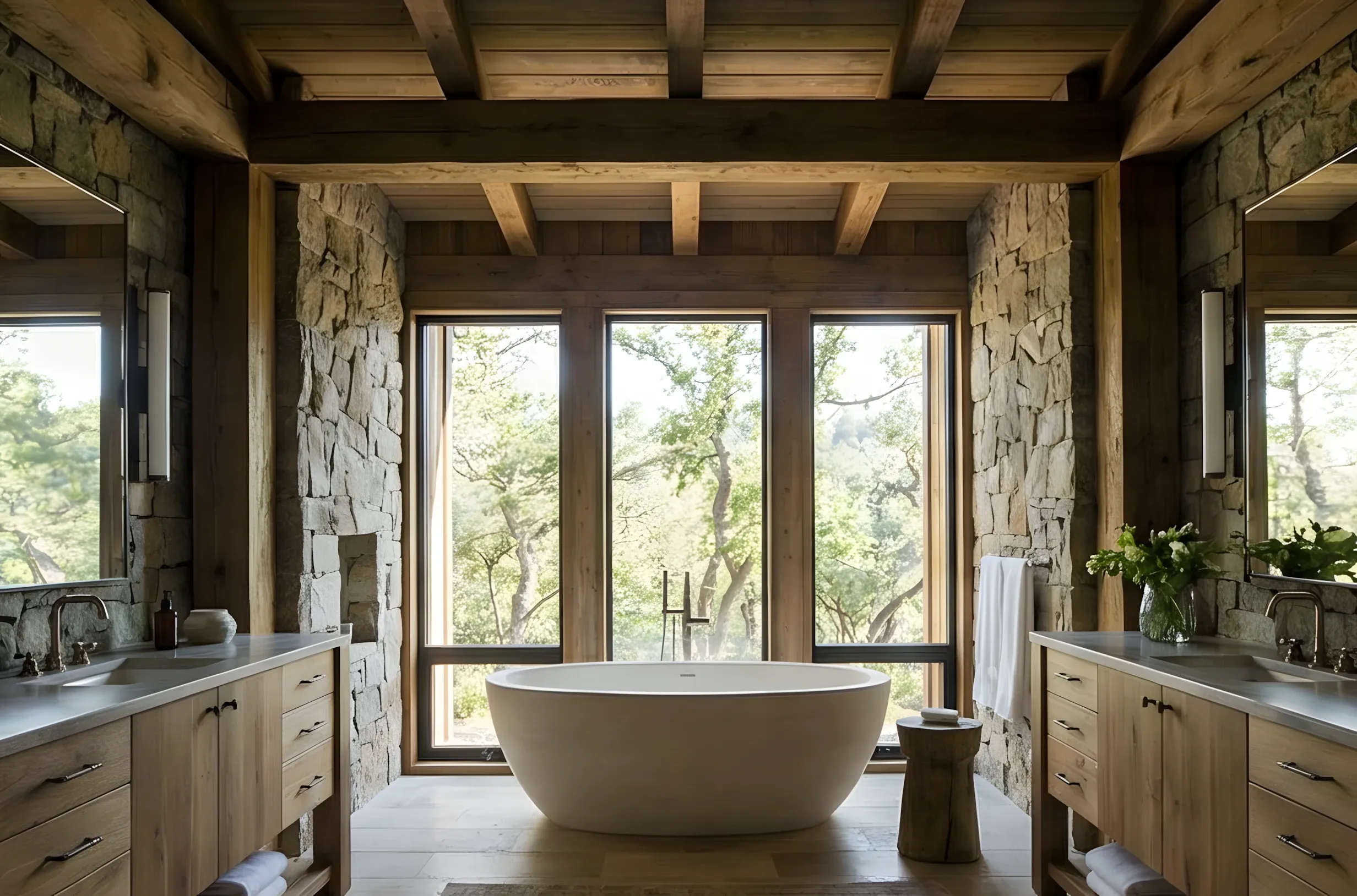 Modern residence exterior with oak tree