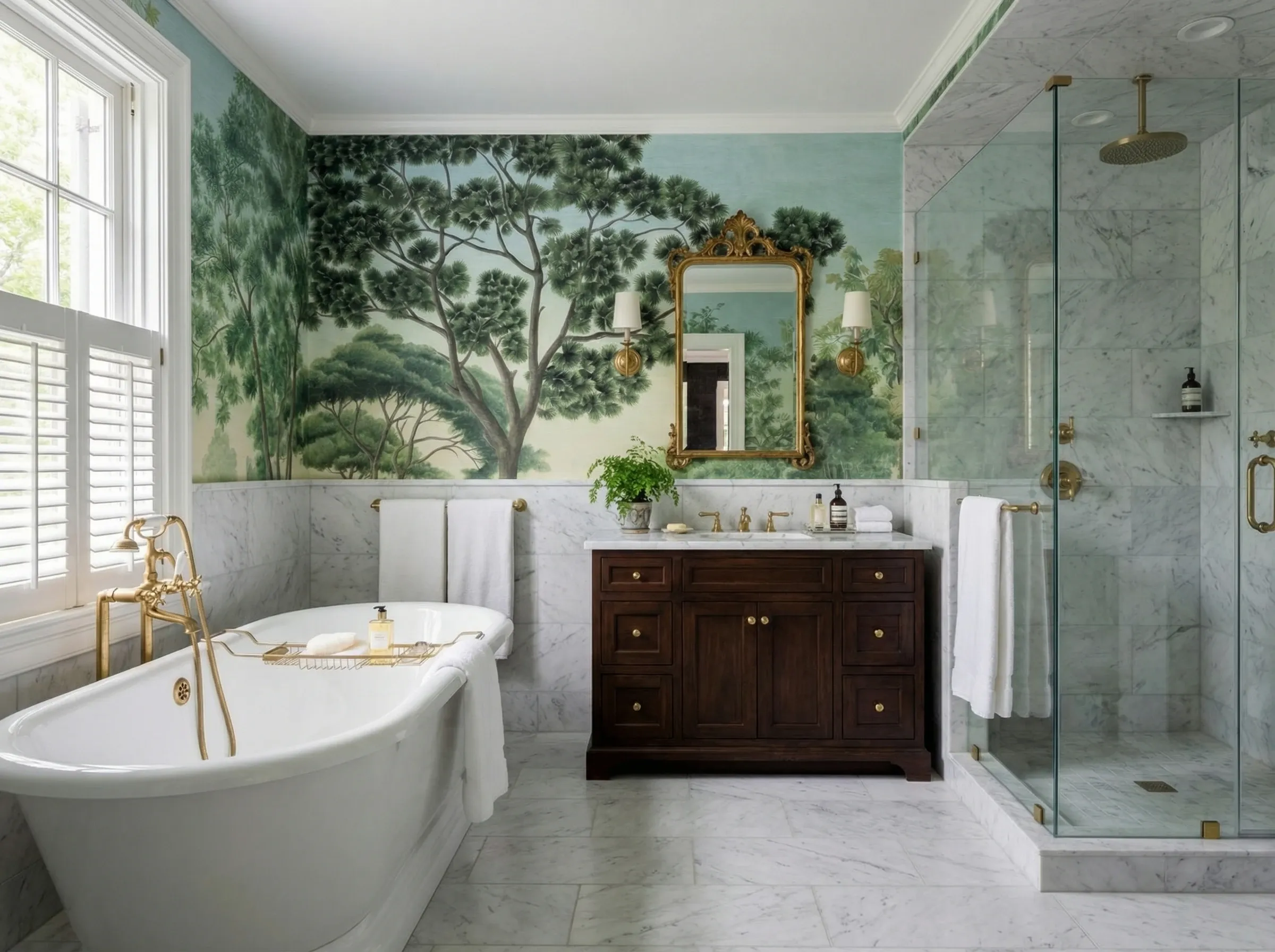 Dining room with mural wallpaper